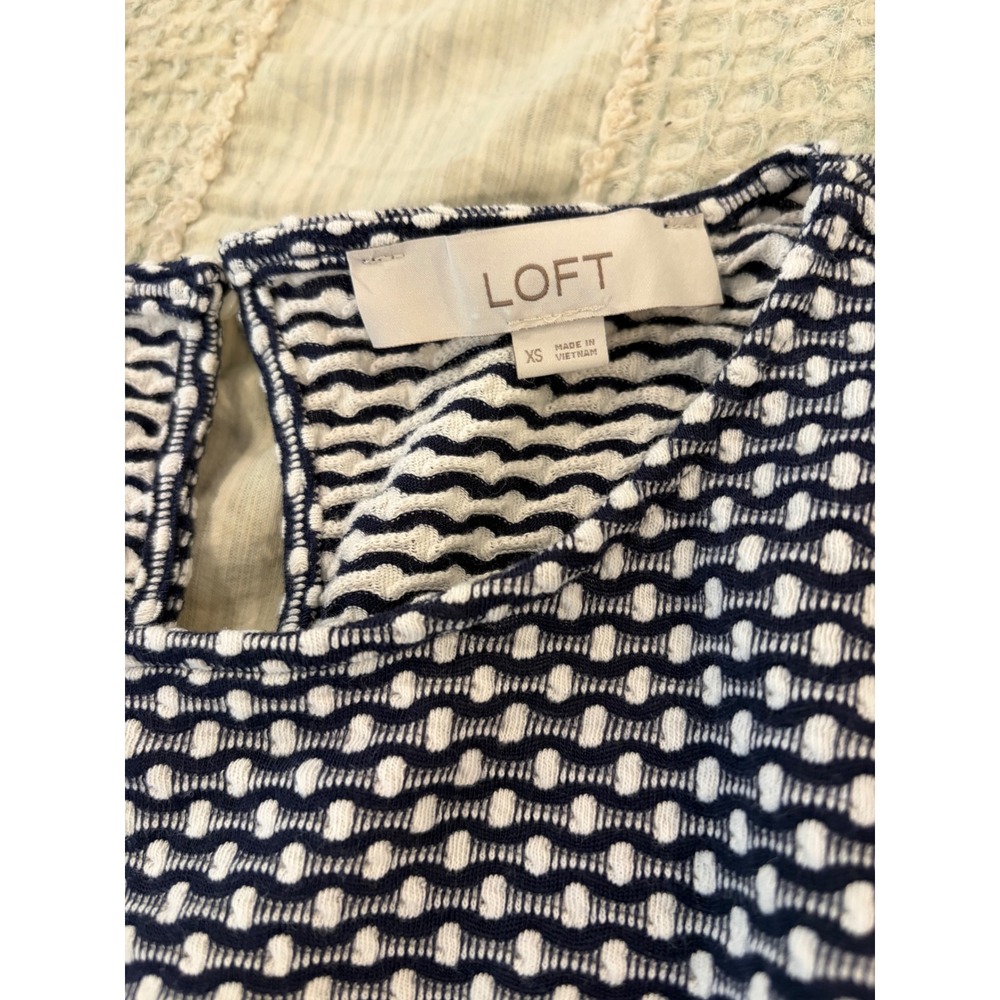 Loft Navy White Textured Knit Elastic Waist Short Sleeve Dress XS - Picture 4 of 4